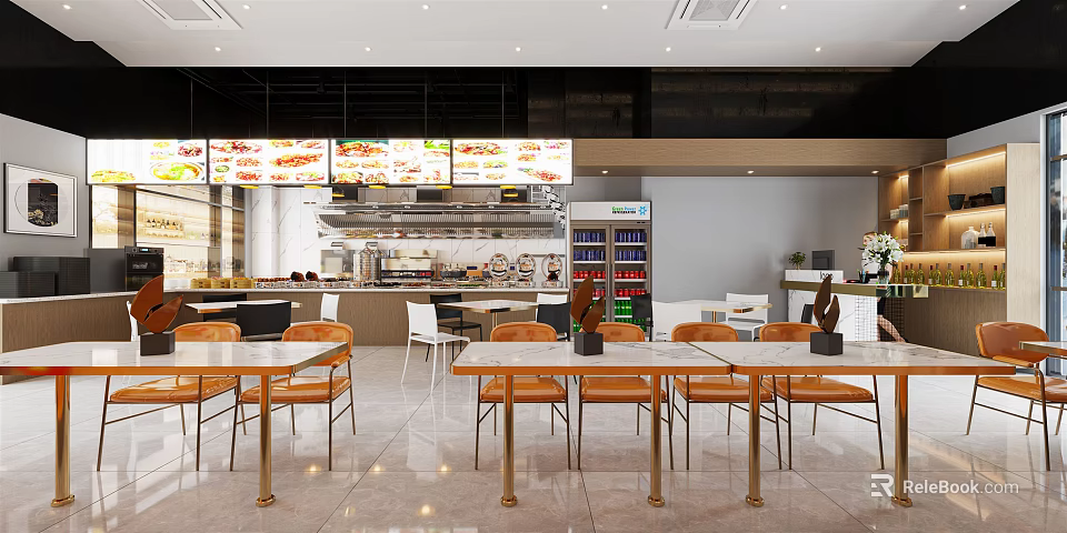Modern Restaurant Interior With Orange Chairs Metal Tables And Digital Menu Screens 3d model 