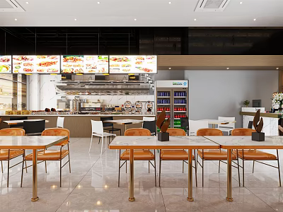 Modern Restaurant Interior With Orange Chairs Metal Tables And Digital Menu Screens 3d model