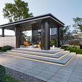 Modern Garden Landscape Featuring Stylish Pavilion Stone Steps LED Strip Lights And Green Plants