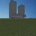 Twin Modern Office Buildings With Glass Curtain Facade Blue Sky Background And Top Logo