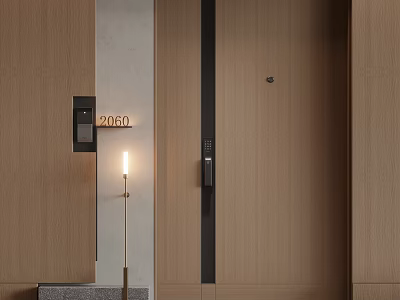 Modern Wooden Security Door Interior Design With 2050 Secure Lock And Wall Light 3d model