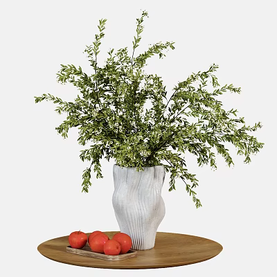 Decorative White Vase with Green Foliage on Wooden Table with Red Apples 3d model