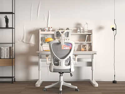 Modern Kids Study Desk with Chair Bookshelf and Lamp for Children Learning Room 3d model
