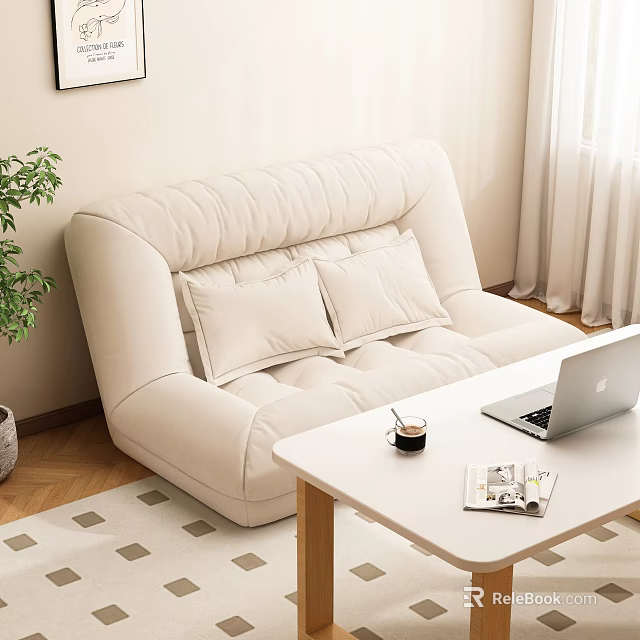 Cozy Beige Lazy Sofa In Living Room With Side Table Laptop Coffee And Plant 3d model 