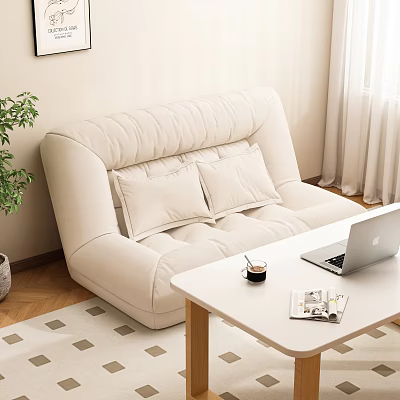 Cozy Beige Lazy Sofa In Living Room With Side Table Laptop Coffee And Plant 3d model