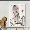 Artistic Oil Painting Featuring Red Heart Balloons Bridge Black White Lines And Dripping Design