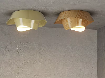 Two Beige And Wooden Petal Shaped Ceiling Lights Installed On Ceiling Illuminating Minimalist Room 3d model