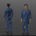 Man Wearing Blue Work Overalls Front and Back Views on Dark Background