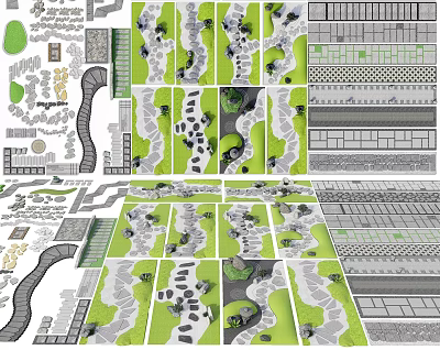 Garden Path Paving Design With Various Stone Patterns And Greenery In Landscape Layout 3d model