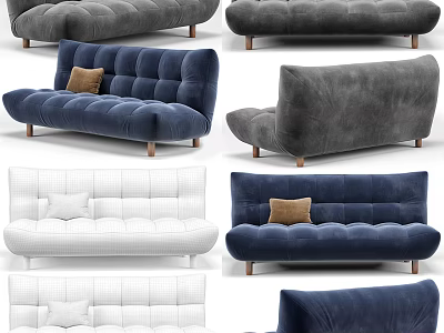 Modern Two Seater Sofa in Blue Gray White Velvet with Cushions and Wooden Legs 3d model