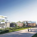 Modern Commercial Street With Glass Curtain Wall Greenery And Pedestrians In Open Space