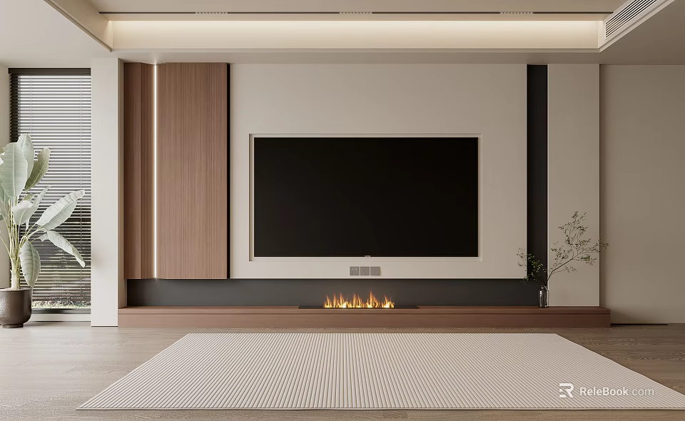 Modern Living Room TV Wall With Wooden Panels Large TV And Fireplace 3d model 