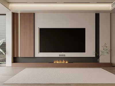 Modern Living Room TV Wall With Wooden Panels Large TV And Fireplace 3d model