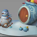 Festive Blue Decorative Building With White Patterns Brown Wooden Door Red Bow And Snowman Figure