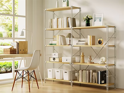 Desk with White Chair Metal Frame Bookshelf Books Vase Storage Boxes Near Window Green Plants 3d model