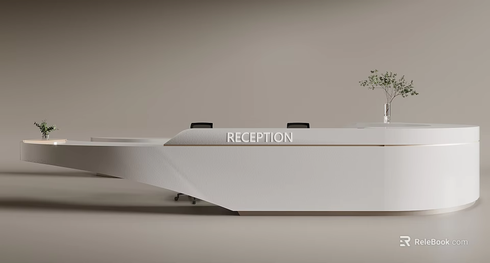Modern White Reception Desk With Sleek Surface And Green Plant Vase In Office Lobby 3d model 