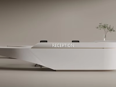 Modern White Reception Desk With Sleek Surface And Green Plant Vase In Office Lobby 3d model