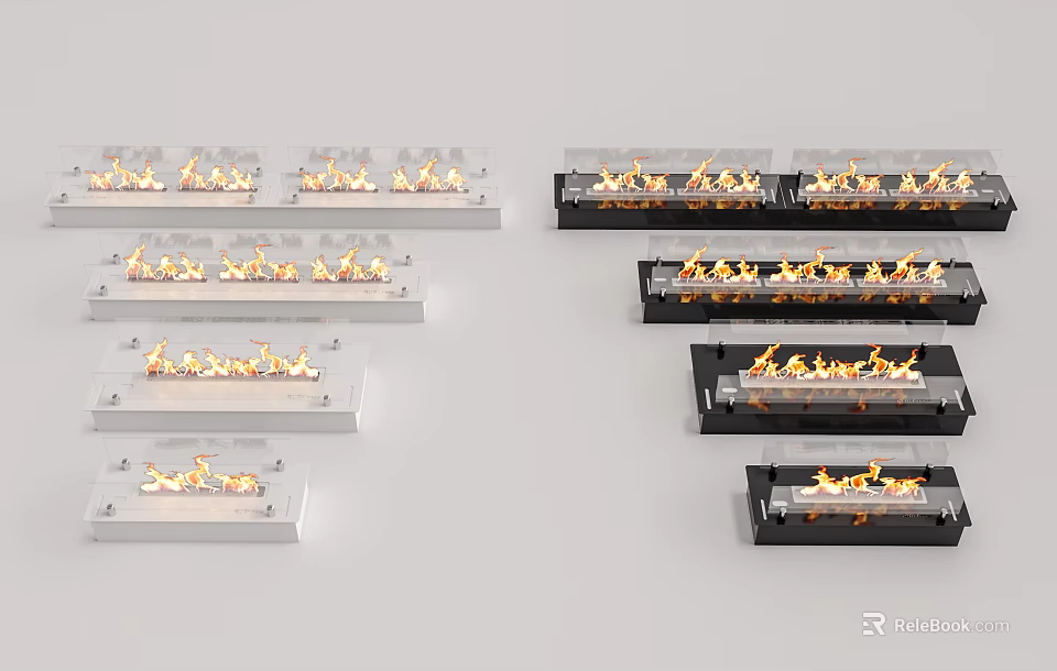 Modern Electric Fireplaces in White and Black with Realistic Flames Different Sizes Styles 3d model 