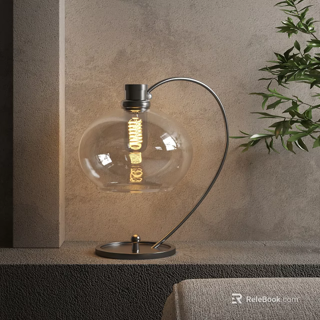 Transparent Glass Lampshade Table Lamp With Black Metal Stand And Green Plant 3d model 