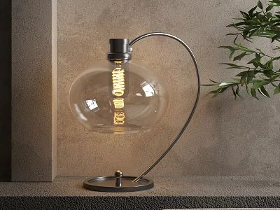Transparent Glass Lampshade Table Lamp With Black Metal Stand And Green Plant 3d model