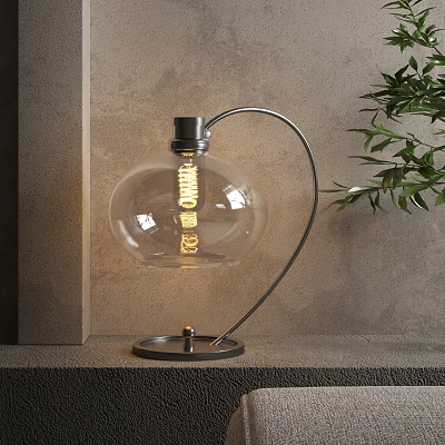 Transparent Glass Lampshade Table Lamp With Black Metal Stand And Green Plant 3d model