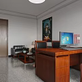Traditional Office Interior With Leather Sofa Wooden Desk Computer Wall Painting And Coffee Table