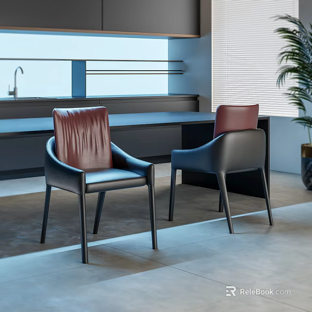Modern Leather Dining Chairs With Red Backrest And Black Frame In Kitchen Dining Area 3d model 