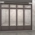 Traditional Lattice Dark Wooden Door With Glass Panels On Gray Stone Building Exterior Entrance