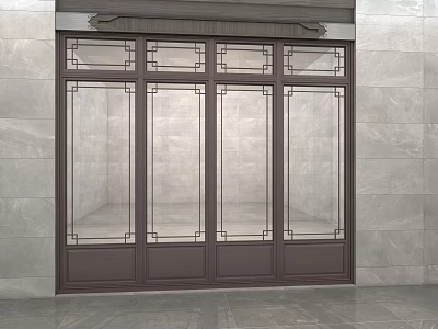 Traditional Lattice Dark Wooden Door With Glass Panels On Gray Stone Building Exterior Entrance 3d model