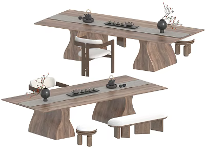 Elegant Chinese Style Wooden Tea Table Set With Stools And Tea Ware Decor 3d model