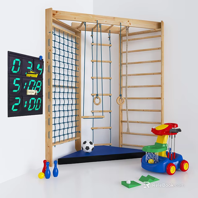 Kids Playground Equipment Featuring Wooden Climbing Frame Net Rings Ladder Soccer Ball and Scoreboard 3d model 