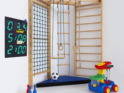 Kids Playground Equipment Featuring Wooden Climbing Frame Net Rings Ladder Soccer Ball and Scoreboard 3d model