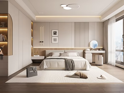 Modern Bedroom Interior With Soft Rug Bedside Tables Decorative Paintings And Large Window 3d model