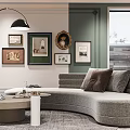 Modern Living Dining Room Interior With Curved Sofa Floor Lamp Coffee Table and Wall Art