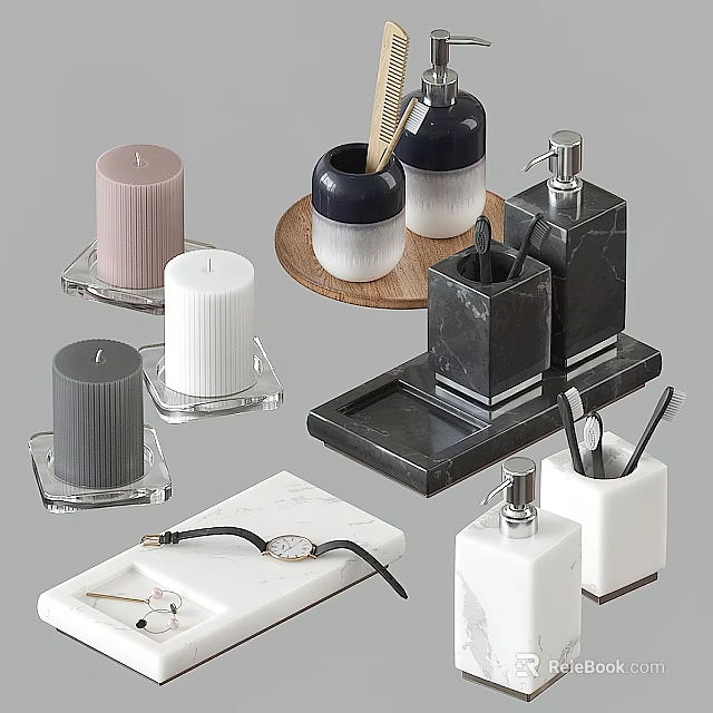 Modern Bathroom Accessories Set With Marble Ceramic Soap Dispensers Candles Trays And Storage Boxes 3d model 