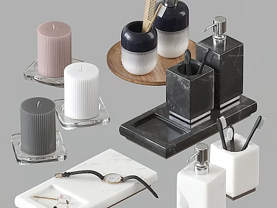 Modern Bathroom Accessories Set With Marble Ceramic Soap Dispensers Candles Trays And Storage Boxes 3d model