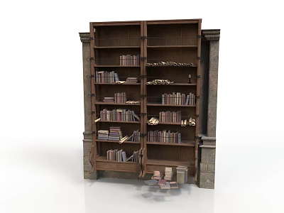 Antique Wooden Bookshelf With Shelves Filled With Books And Decorative Items 3d model