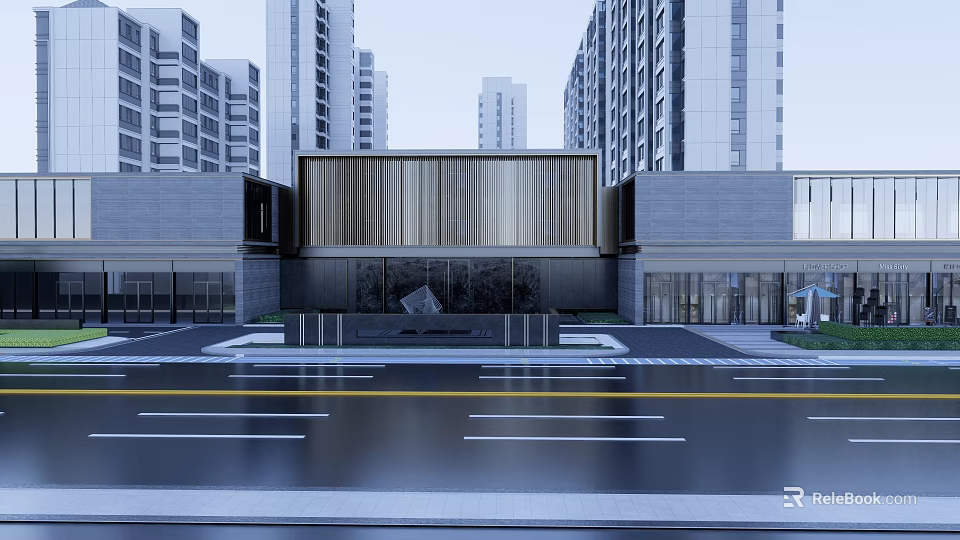 Modern High rise Residential Building Exterior With Central Entrance And Green Landscaping 3d model 