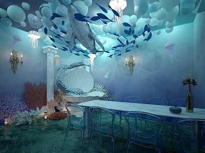 Ocean Themed Indoor Space With Bubble Fish Shell Coral And Transparent Chairs 3d model