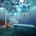 Ocean Themed Indoor Space With Bubble Fish Shell Coral And Transparent Chairs 3d model