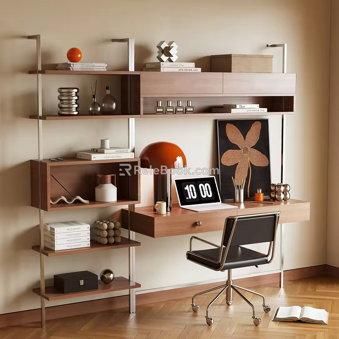 Middle Style Bookcase Table and Chair Combination Desk Bookshelf 3d model