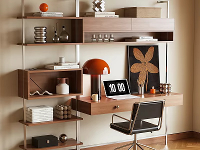 Modern Wooden Bookcase With Layered Shelves Books Decorative Items Table Lamp Clock And Study Desk 3d model