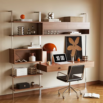 Middle Style Bookcase Table and Chair Combination Desk Bookshelf 3d model