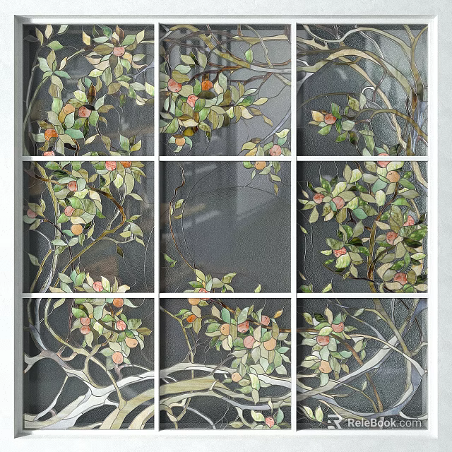 Decorative Glass Room Divider with Intricate Leaf and Floral Patterns in Grid Panels 3d model 