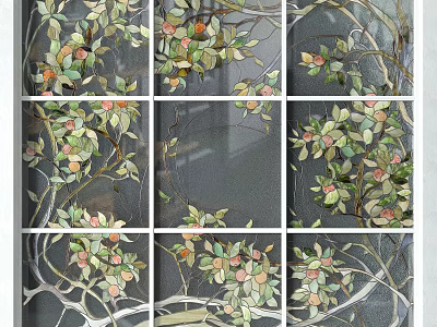 Decorative Glass Room Divider with Intricate Leaf and Floral Patterns in Grid Panels 3d model