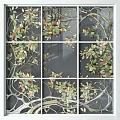 Decorative Glass Room Divider with Intricate Leaf and Floral Patterns in Grid Panels