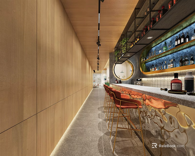 Modern Restaurant Interior With Wooden Walls Bar Counter Orange Bar Stools And Wine Racks 3d model 