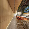 Modern Restaurant Interior With Wooden Walls Bar Counter Orange Bar Stools And Wine Racks