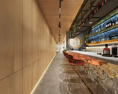 Modern Restaurant Interior With Wooden Walls Bar Counter Orange Bar Stools And Wine Racks 3d model