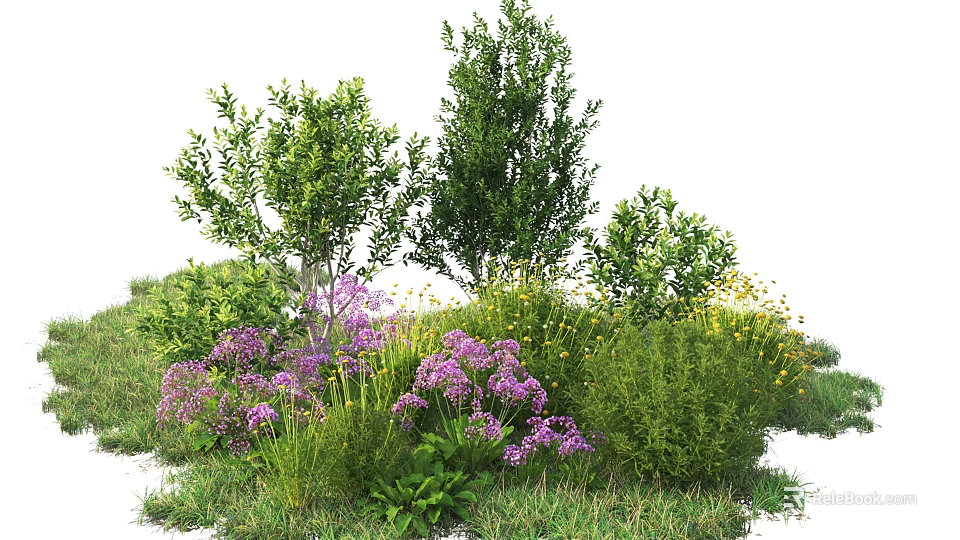 Lush Garden Shrubs With Purple Flowers And Green Foliage In Natural Landscape 3d model 